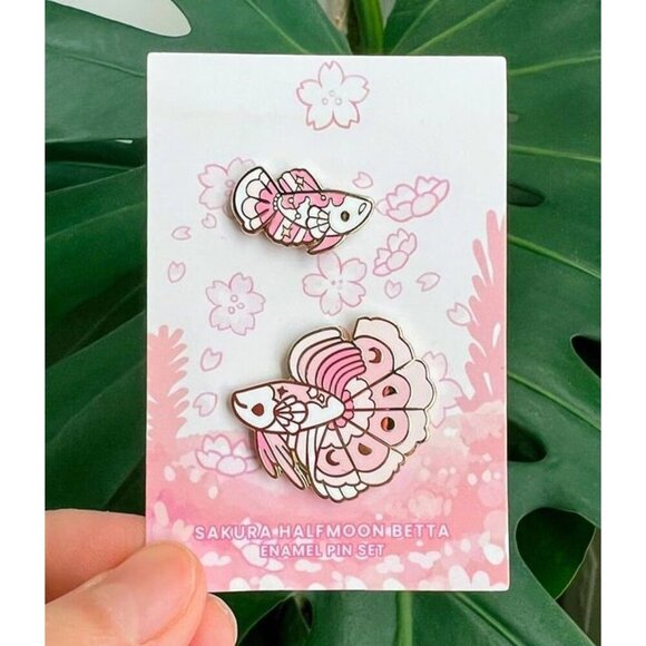 Betta Fish Enamel Pin Set - Sakura Halfmoon - Nature Jewelry - Celestial Brooch - Picture 2 of 6